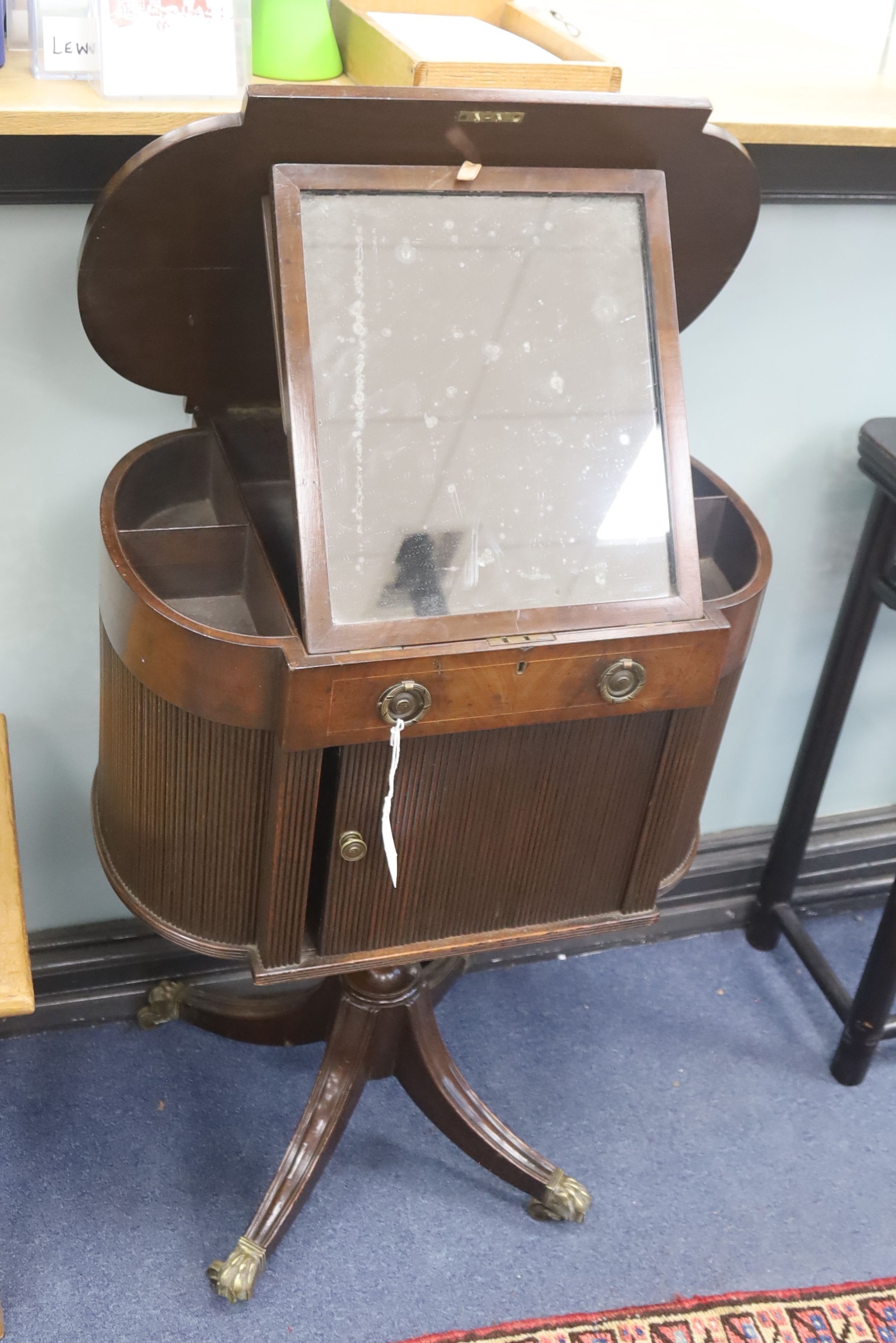 A George III mahogany enclosed wash stand with tambour cupboard, width 56cm, depth 38cm, height 78cm